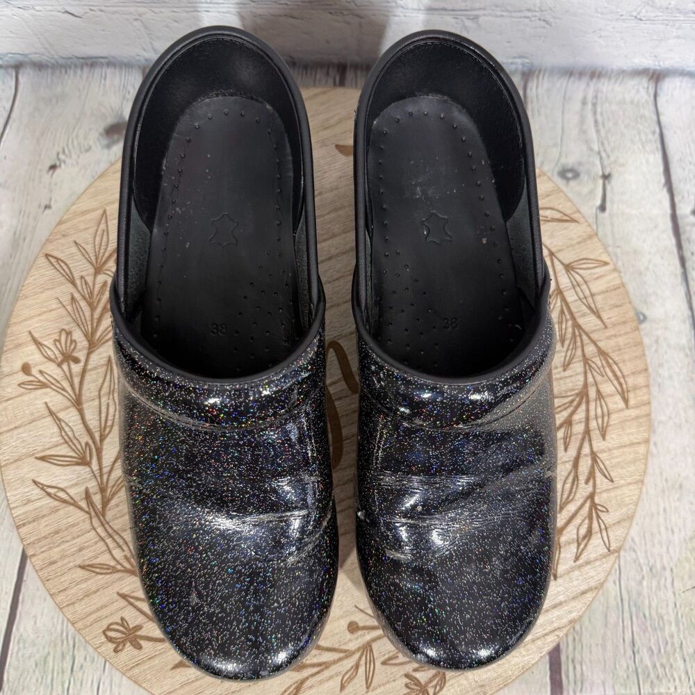 Dansko Clog Women Size 7.5-8 US 38 EU Black Dots Patent Leather Slip On Comfort